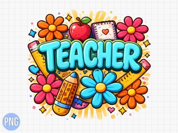 Elevating Educational Branding with Retro Floral Teacher School Supplies PNG Assets