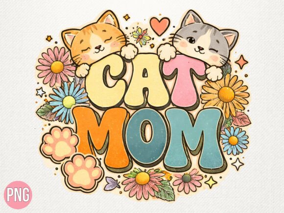 Integrating Retro Cat Mom Flowers Pet Lover PNG into Your Creative Workflow